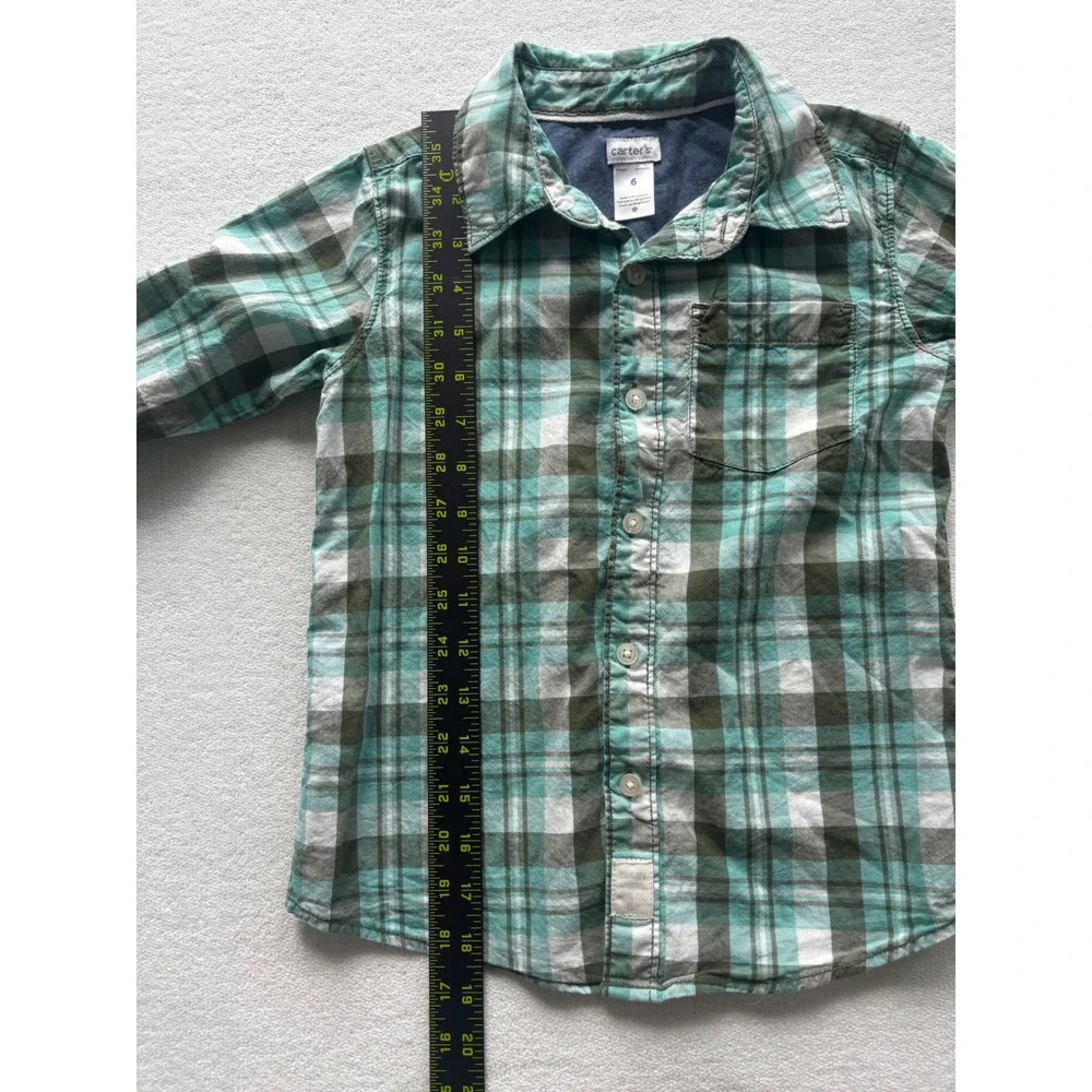 Carter's Button Down Shirt Kids Boys Size 6 Teal Green Plaid Long Sleeve 283G051